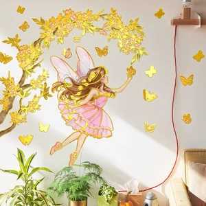 3D golden flower fairy mirror wall sticker with pink acrylic tree and butterfly decor