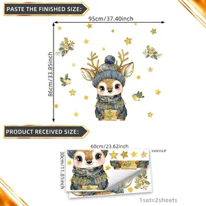 Sticker mural de Noël avec renne de dessin animé et étoiles dorées pour la maison