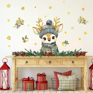 Sticker mural renne de Noël avec étoiles dorées pour décoration de salon et chambre à coucher