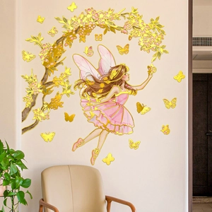 Fairy and golden flower wall decals for kids' bedroom wall decoration set