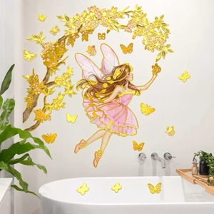 3D fairy wall sticker with golden branches and pink butterflies in bathroom setting