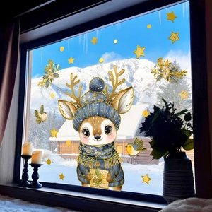 Stickers Muraux De Noël Renne Dessin Animé Feuille D'or PVC Imperméables Décalcomanies De Fenêtre Pour Salon Chambre Décoration Maison