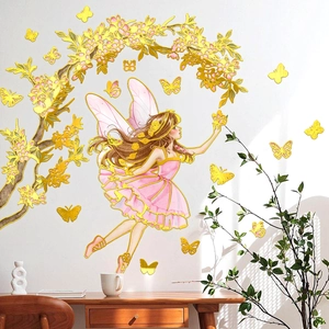 Golden fairy and floral wall decals for elegant home nursery and bedroom wall decor