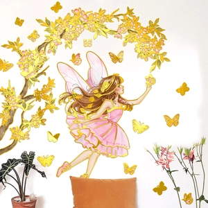 Hand Painted Flower Fairy Wall Stickers With Gold Stamping Floral Branch Butterfly Self Adhesive Decor For Kids Bedroom