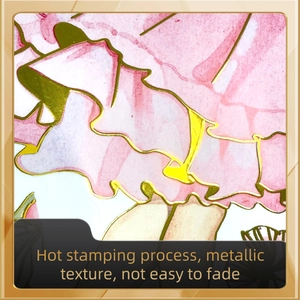 Macro detail of pink watercolor flower wall sticker with gold foil stamping texture