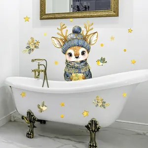 Stickers muraux renne de dessin animé avec étoiles dorées et éléments d'hiver décor
