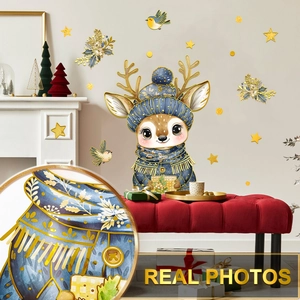 Stickers muraux de Noël avec renne mignon et étoiles dorées pour décoration intérieure