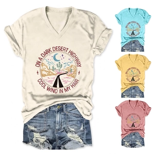 Detail of V-neck T-shirt with desert highway print and distressed denim shorts in four colors