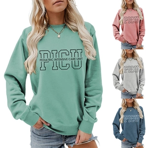 Detail view of PICU Pediatric crewneck sweatshirt in mint green, pink, grey and navy