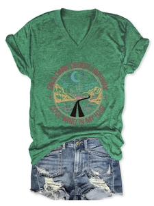 Detail of V-neck T-shirt featuring On a Dark Desert print with heathered fabric texture