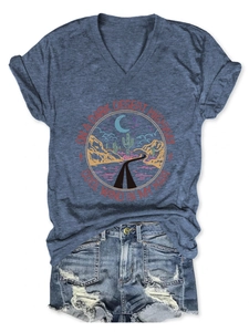 Close-up of V-neck short sleeve T-shirt with vintage desert highway graphic print