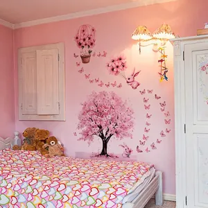 Rosa Kirschblütenbaum und Hasen Wandsticker Set für Kinderzimmer Deko mit Schmetterlingen
