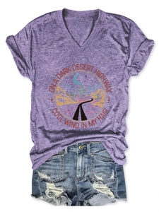 Detail of V-neck heather purple T-shirt with vintage cactus desert highway graphic print