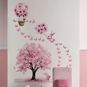 Wandtattoo Set mit rosa Aquarellbaum Hasen und Schmetterlingen für Kinderzimmer Deko