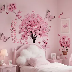 Pink Kirschblütenbaum Hase Schmetterling Wandaufkleber PVC Selbstklebend Wasserdicht Abnehmbar Für Kinderzimmer Schlafzimmer