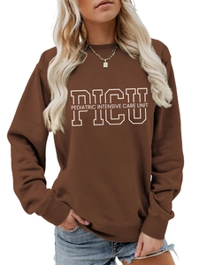 Close-up of PICU Pediatric Intensive Care Unit white lettering on chocolate brown sweatshirt