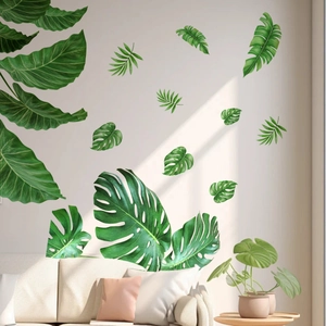 Hand-painted green tropical palm and monstera leaf wall stickers for home decoration
