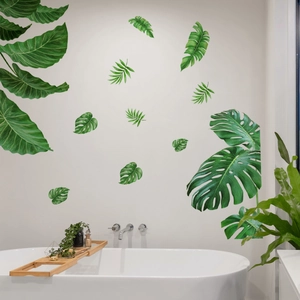 Tropical palm and monstera leaf wall decals for modern bathroom interior decoration