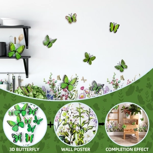 Detailansicht von 3D-grünen Schmetterlingen und floralen Wandstickern zur Dekoration