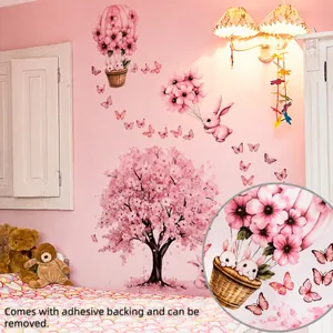 Detailansicht Wandsticker mit pinkfarbenem Hasen im Heißluftballon fürs Kinderzimmer