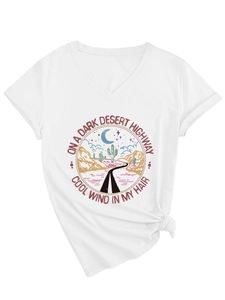 White V-neck tee with desert graphic print and stylish side knot detail for women