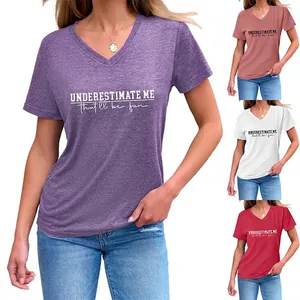 T-Shirt Femme Col En V Manches Courtes Mélange De Coton Imprimé Lettres Underestimate Me Haut D'été Décontracté
