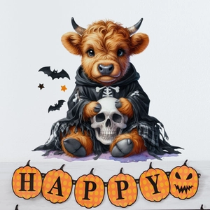 Αυτοκόλλητο τοίχου Halloween με αγελάδα Highland, κάπα σκελετού και πανό με κολοκύθα