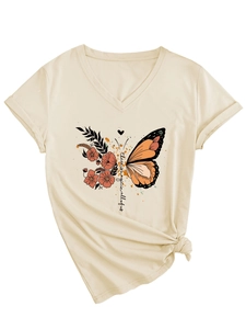 Detail of V-neck T-shirt showing floral butterfly print and front knot tie detail