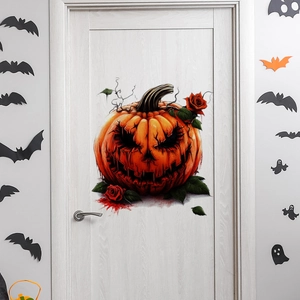 Halloween αυτοκόλλητο πόρτας κολοκύθα με κόκκινα τριαντάφυλλα και νυχτερίδες