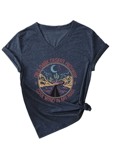 Detail of V-neck T-shirt showing retro desert highway graphic and lyrics on grey fabric