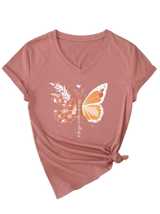 Detail of V-neck T-shirt in dusty rose featuring butterfly floral print and hem knot