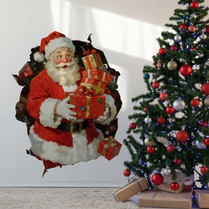 3D Santa Claus wall sticker showing a realistic breaking wall effect with gift boxes