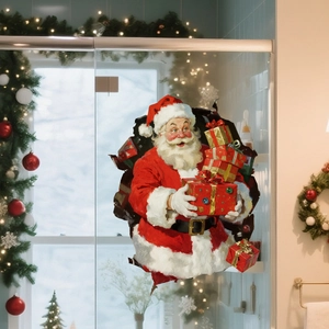 3D Santa Claus wall sticker with gift boxes and realistic broken wall effect for Christmas