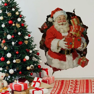 3D Santa Claus wall sticker showing a festive holiday decor with realistic gift boxes