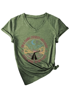 Detail of dark green V-neck T-shirt with desert graphic and decorative front hem knot