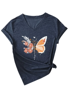 Detail of V-neck dark grey T-shirt with floral butterfly and magic quote print