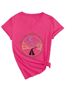 Detail of V-neck rose red T-shirt showing retro desert highway print and hem knot