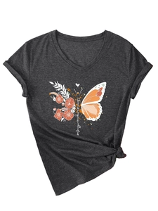 Detail of grey V-neck T-shirt with floral butterfly print and front knot design
