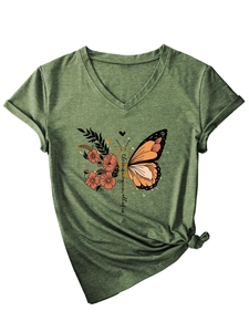 Detail of V-neck heather green tee with magic butterfly floral print and knotted hem
