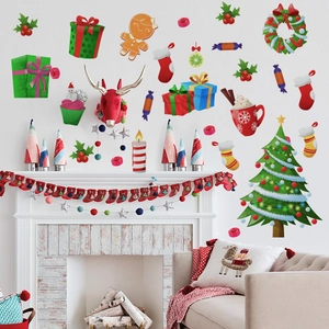 Festive Christmas Wall Stickers DIY Xmas Tree Gingerbread Man Gift Box Decals For Living Room Bedroom Holiday Home Decoration