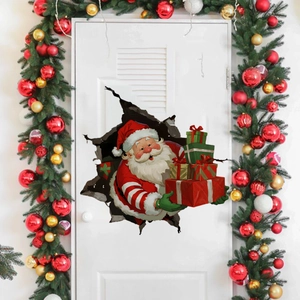 3D Santa Claus wall sticker with gifts breaking through wall for Christmas decor