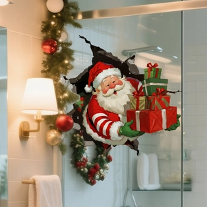 3D Santa Claus wall sticker showing realistic wall break effect with gift boxes decoration