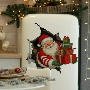 3D Santa Claus wall sticker showing realistic wall break effect with gift boxes on fridge