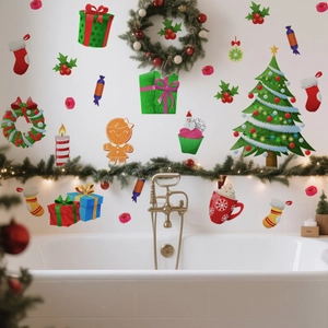 Detailed Christmas wall stickers featuring festive trees and gift boxes on tiles