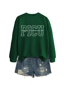 Detail of dark green crewneck sweatshirt featuring PICU Pediatric Intensive Care Unit print