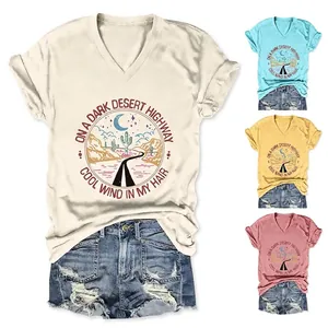 Women V Neck T Shirt Cotton Blend Summer Casual Loose Fit Retro Desert Road Graphic Print Short Sleeve Top
