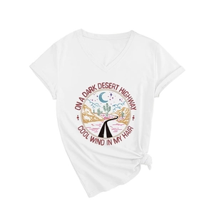 Women's white V-neck T-shirt featuring On a Dark Desert Highway vintage graphic print