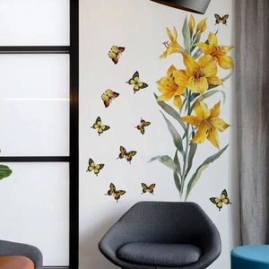 Floral wall decal with yellow lilies and butterflies for living room decoration
