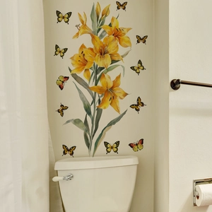 Vibrant yellow lily and butterfly wall decals for living room and bathroom decor