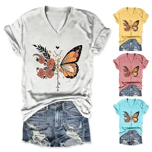 Women T-Shirt Cotton Blend V Neck Short Sleeve Butterfly Floral Print Magic Slogan Casual Summer Top